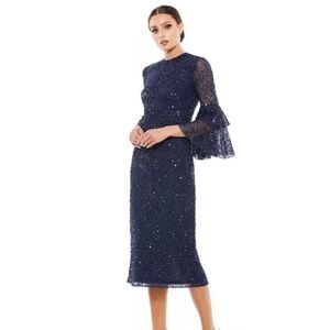 NWT MAC DUGGAL 10802 Navy Fully Sequined Ruffle Tiered 3/4 Sleeve Midi Dress